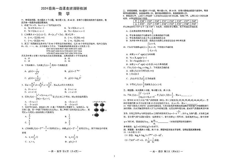 江西省南昌市2024-2025学年高一上学期1月选课走班调研检测（期末）数学试题第1页