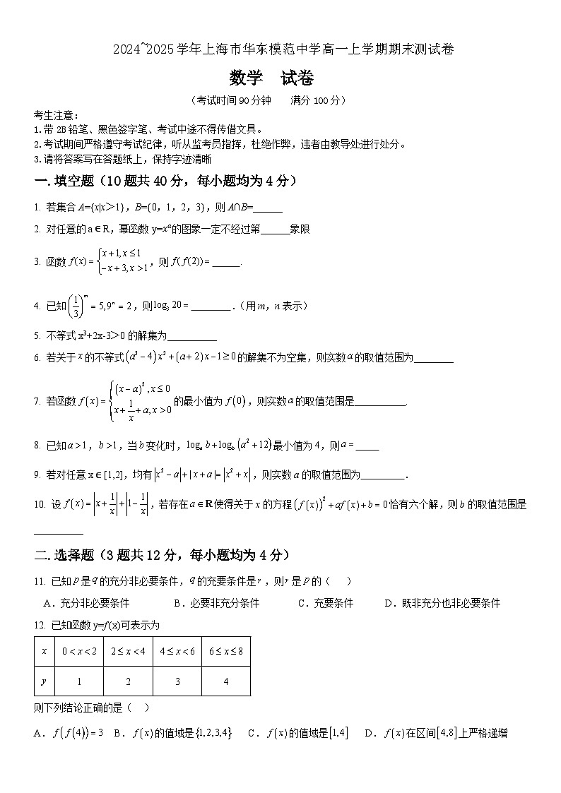 2024-2025学年上海市华东模范高一（上）数学期末试卷+答案第1页