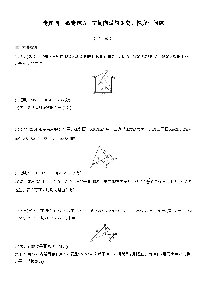 专题四　微专题3　空间向量与距离、探究性问题 --2025年高考数学大二轮专题复习（强化练习）第1页
