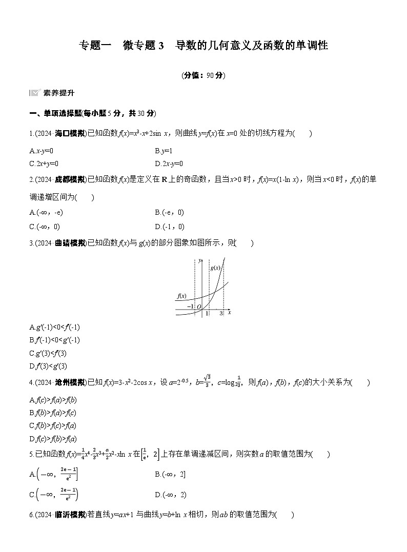 专题一　微专题3　导数的几何意义及函数的单调性 --2025年高考数学大二轮专题复习（强化练习）第1页