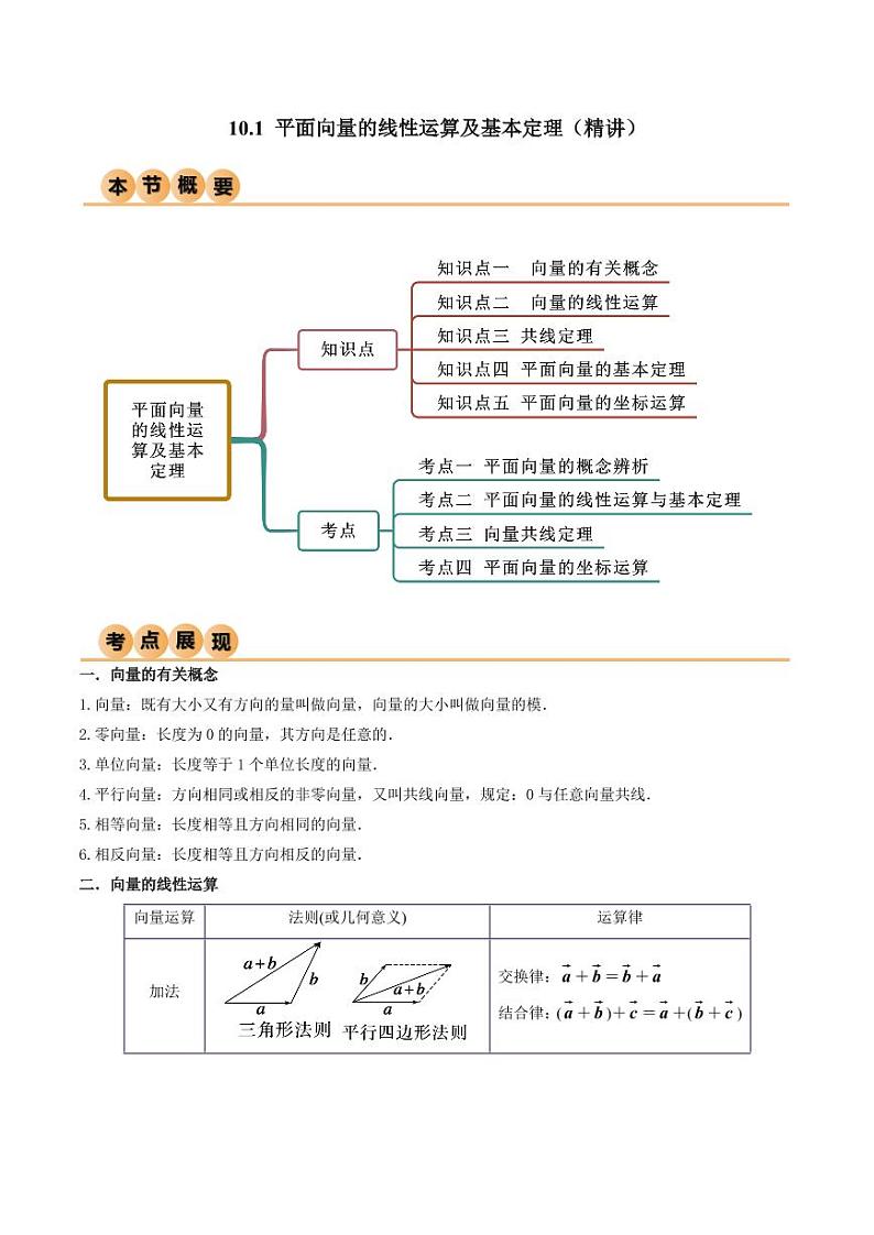 10.1 平面向量的线性运算及基本定理（精讲）（教师版） 2024年高考数学一轮复习一隅三反系列（新高考）第1页