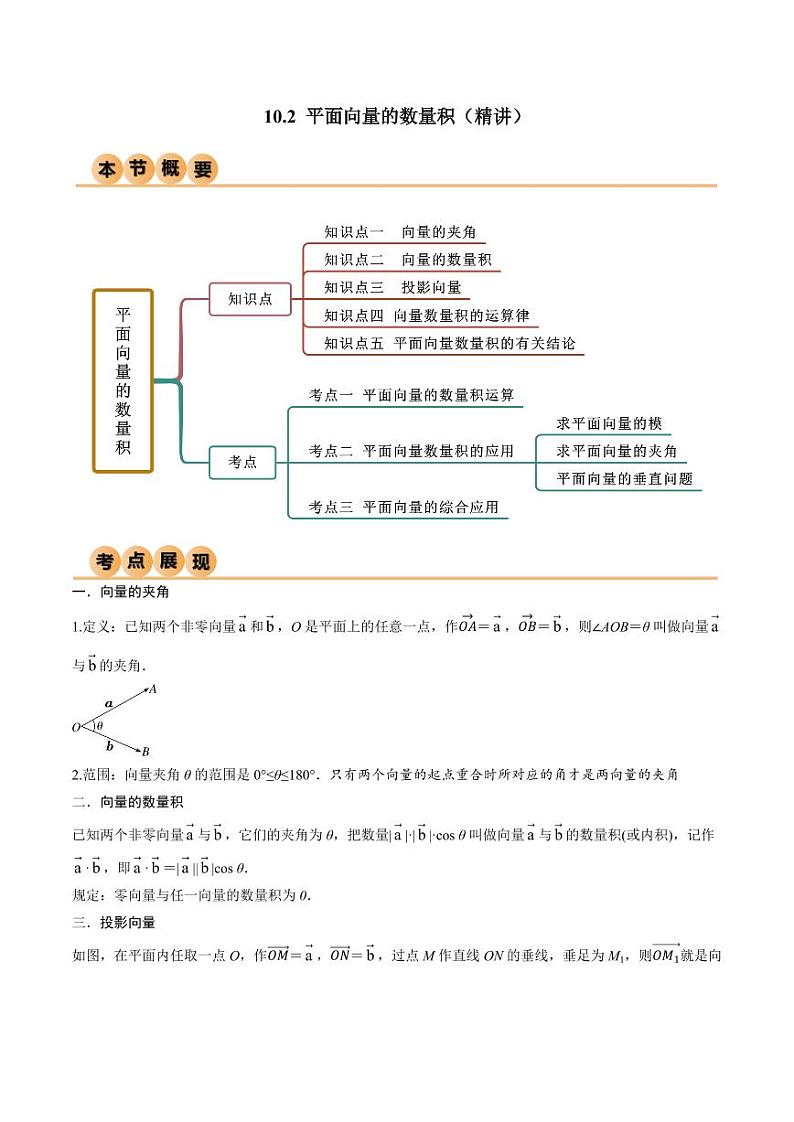 10.2 平面向量的数量积（精讲）（学生版） 2024年高考数学一轮复习一隅三反系列（新高考）第1页