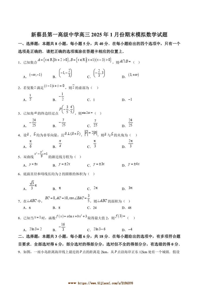 2025届河南省驻马店市新蔡县第一高级中学高三上1月期末模拟考试数学试卷(含答案)第1页