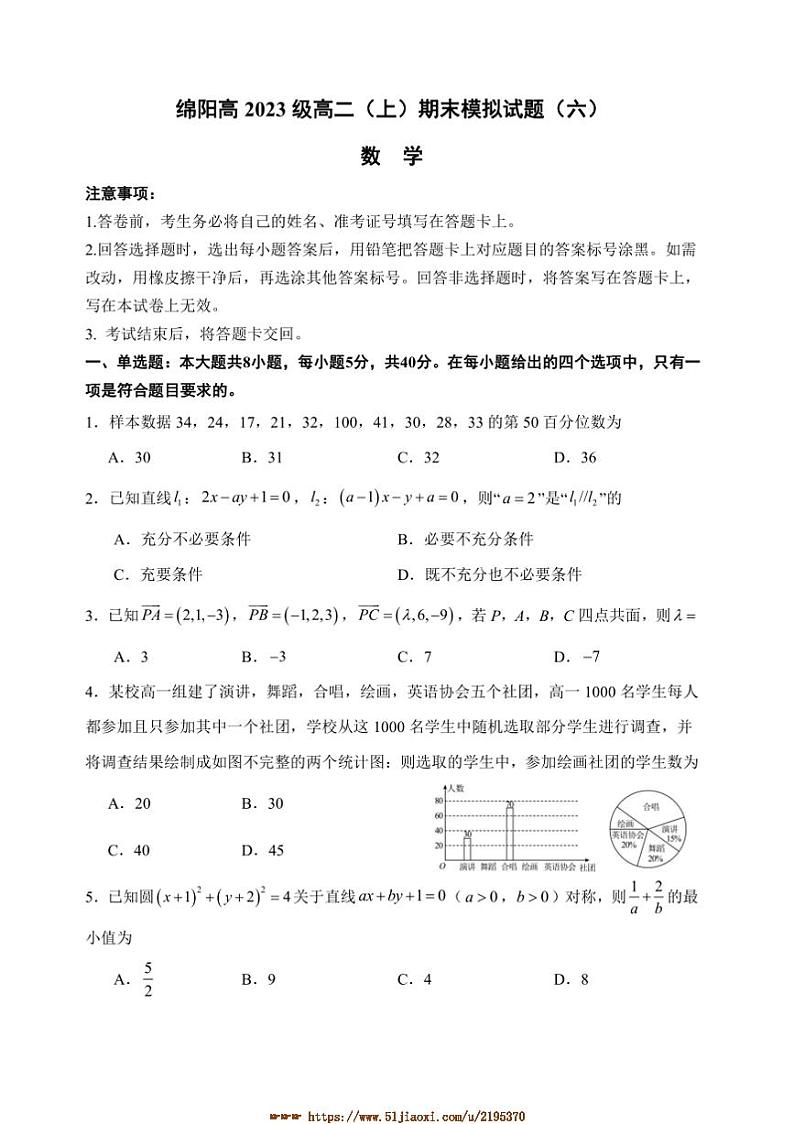 2024～2025学年四川省绵阳高二上数学期末模拟试卷(六)(含答案)第1页