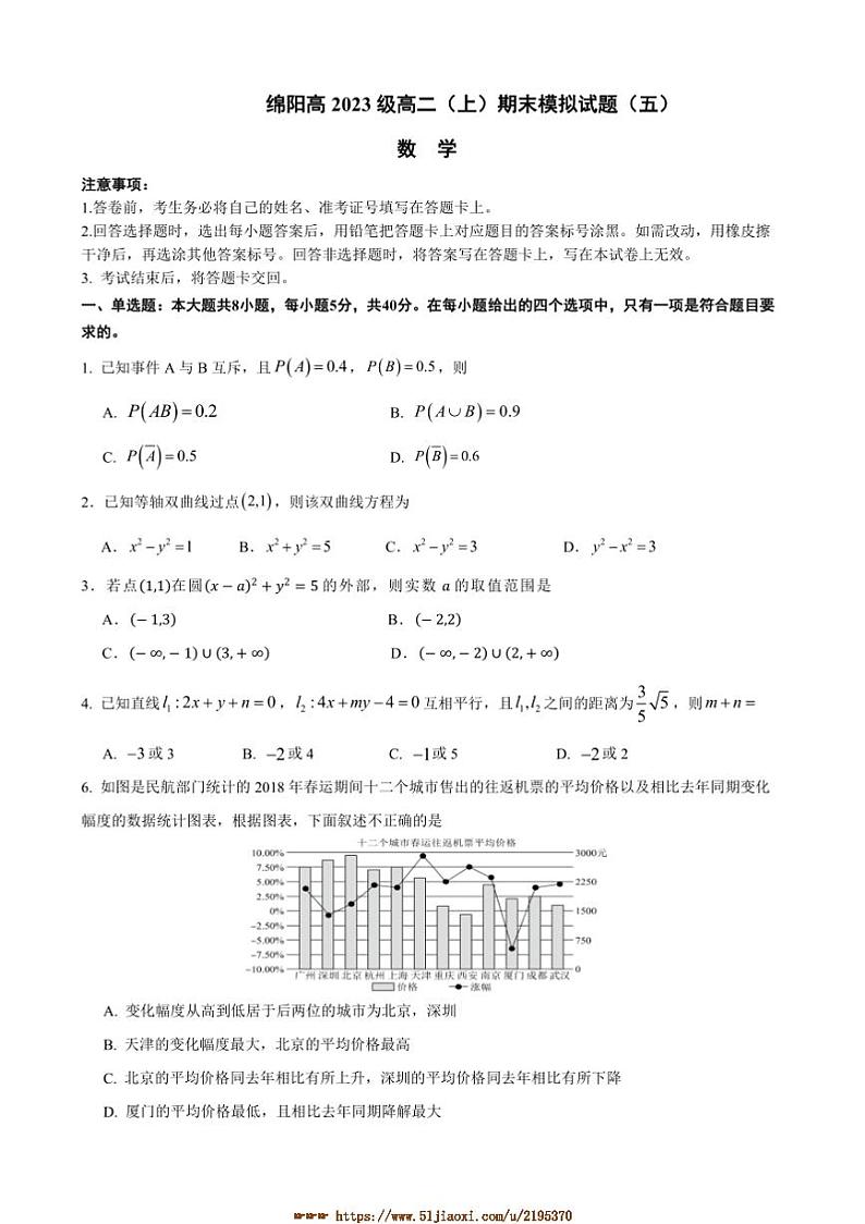 2024～2025学年四川省绵阳高二上数学期末模拟试卷(五)(含答案)第1页