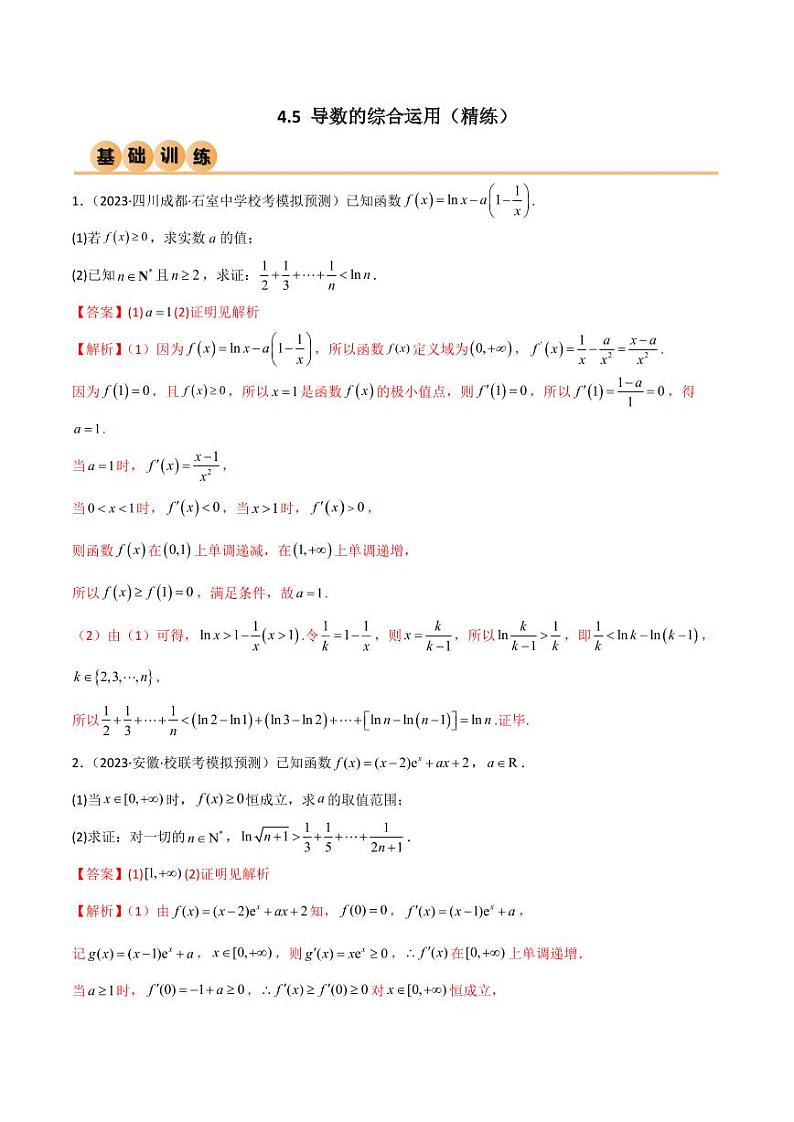 4.5 导数的综合运用（精练）（教师版） 2024年高考数学一轮复习一隅三反系列（新高考）第1页