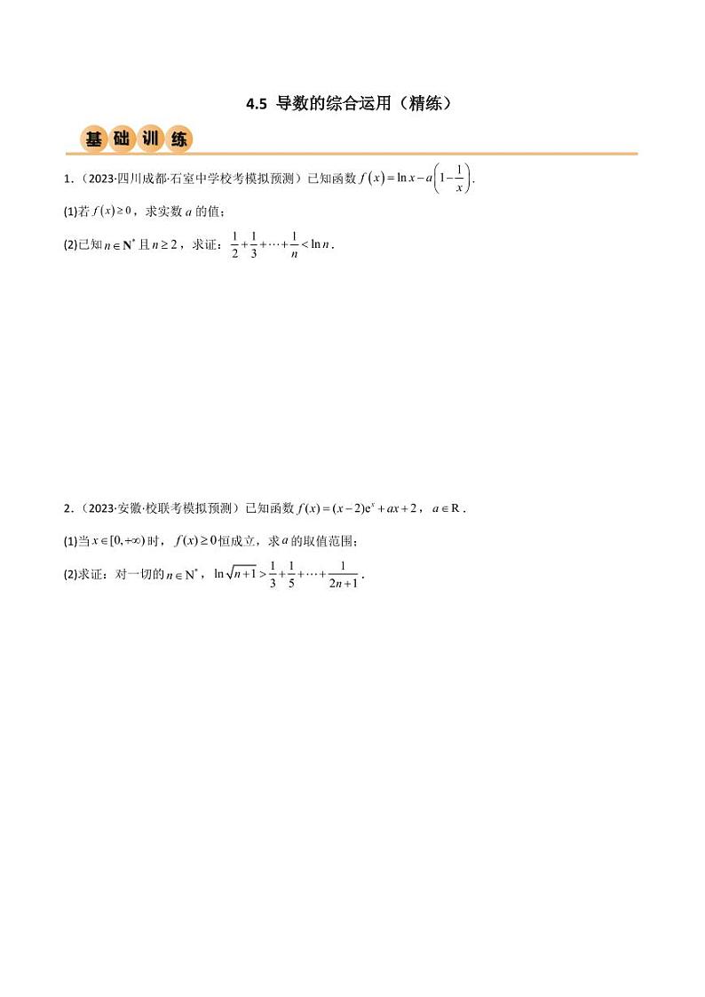 4.5 导数的综合运用（精练）（学生版） 2024年高考数学一轮复习一隅三反系列（新高考）第1页