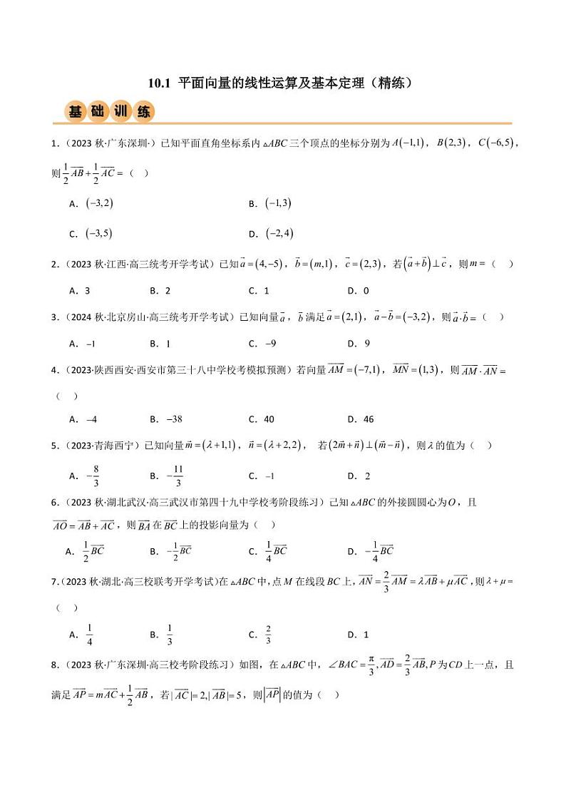 10.1 平面向量的线性运算及基本定理（精练）（学生版） 2024年高考数学一轮复习一隅三反系列（新高考）第1页