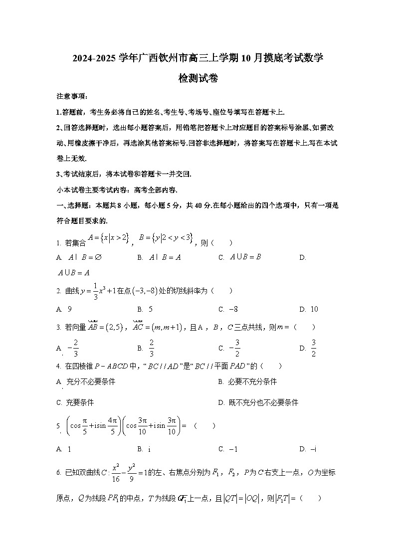 2024-2025学年广西钦州市高三上学期10月摸底考试数学检测试卷第1页