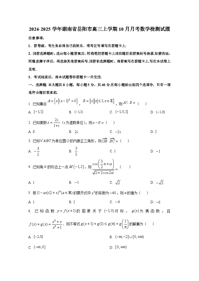 2024-2025学年湖南省岳阳市高三上学期10月月考数学检测试题第1页