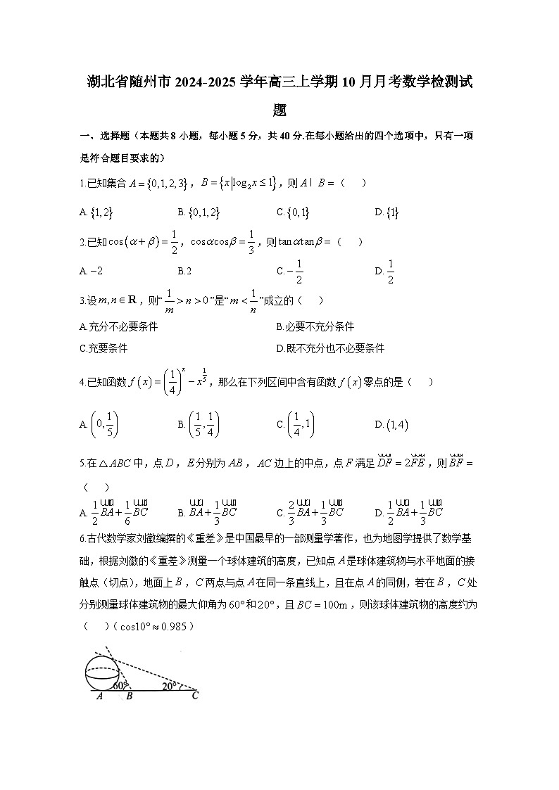 湖北省随州市2024-2025学年高三上学期10月月考数学检测试题（含解析）第1页