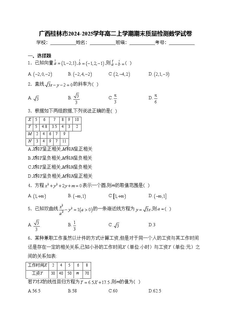 广西桂林市2024-2025学年高二上学期期末质量检测数学试卷(含答案)第1页
