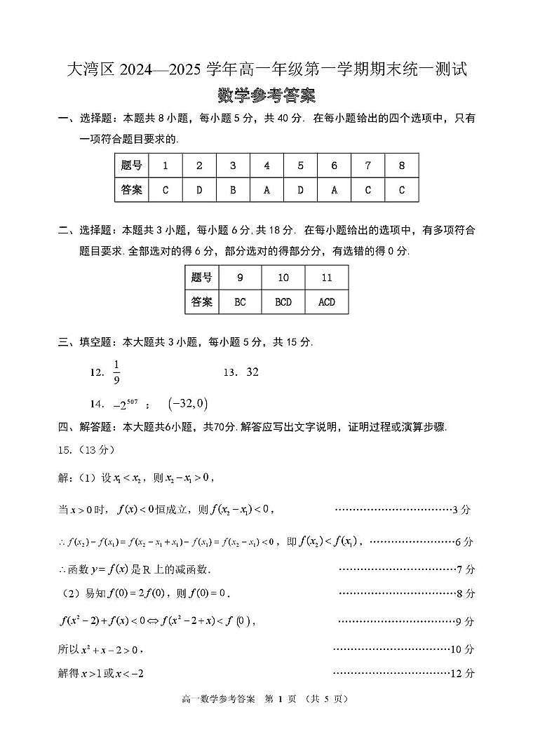大湾区2025高一期末考试试卷含答案 大湾区2024-2025学年第一学期高一年级联合测试（数学）评分细则第1页