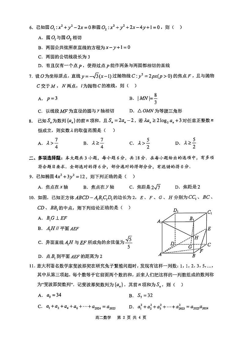 广西百色市普通高中2024-2025学年高二上学期期末教学质量调研测试数学试题第2页