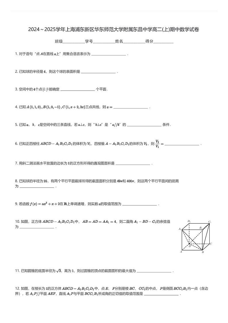 2024～2025学年上海浦东新区华东师范大学附属东昌中学高二(上)期中数学试卷(含解析)第1页