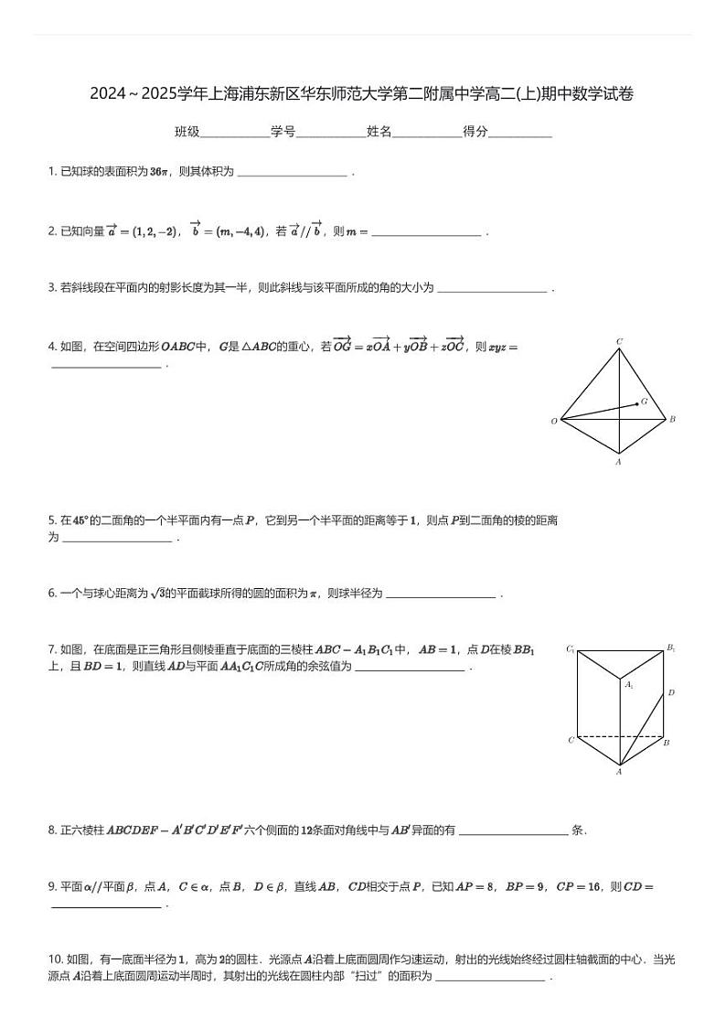 2024～2025学年上海浦东新区华东师范大学第二附属中学高二(上)期中数学试卷(含解析)第1页