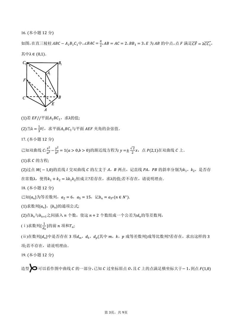 2024～2025学年浙江省嘉兴市高二上期末测试数学试卷(含答案)第3页