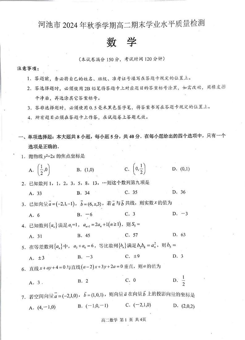 广西壮族自治区河池市2024-2025学年高二上学期期末学业水平质量检测数学试题第1页