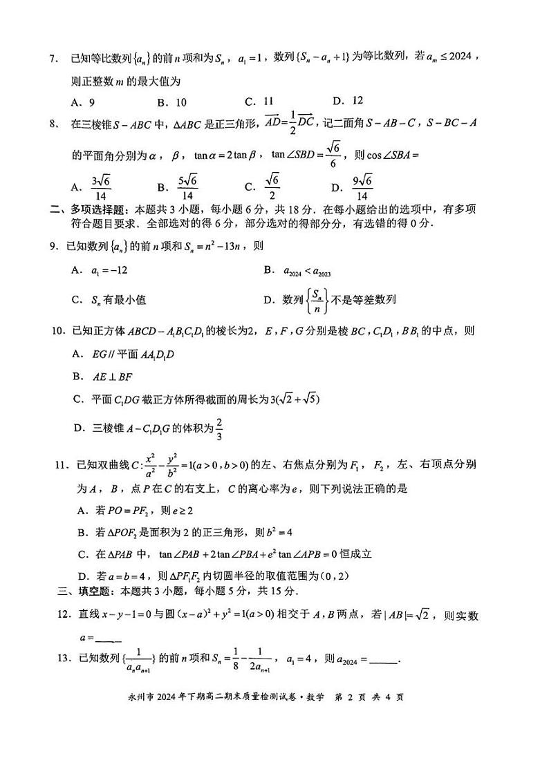 湖南省永州市2024-2025学年高二上学期期末质量检测数学试卷第2页