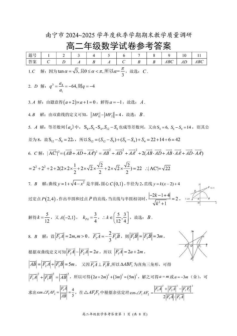 广西南宁市2024-2025学年高二上学期期末教学调研数学试卷参考答案第1页