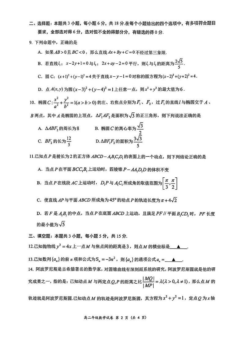 广西南宁市2024-2025学年高二上学期期末教学调研数学试卷第2页