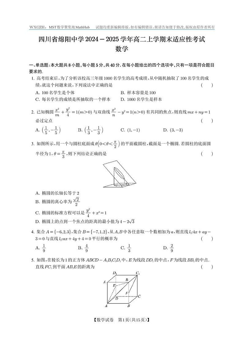 四川省绵阳中学2024-2025学年高二上学期末适应性考试数学试卷第1页