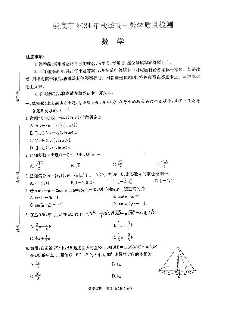 湖南省娄底市2025届高三上学期期末教学质量检测-数学试卷+答案第1页