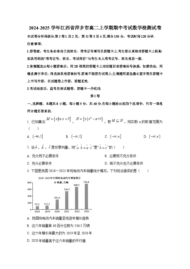 2024-2025学年江西省萍乡市高二上册期中考试数学检测试卷（含解析）第1页