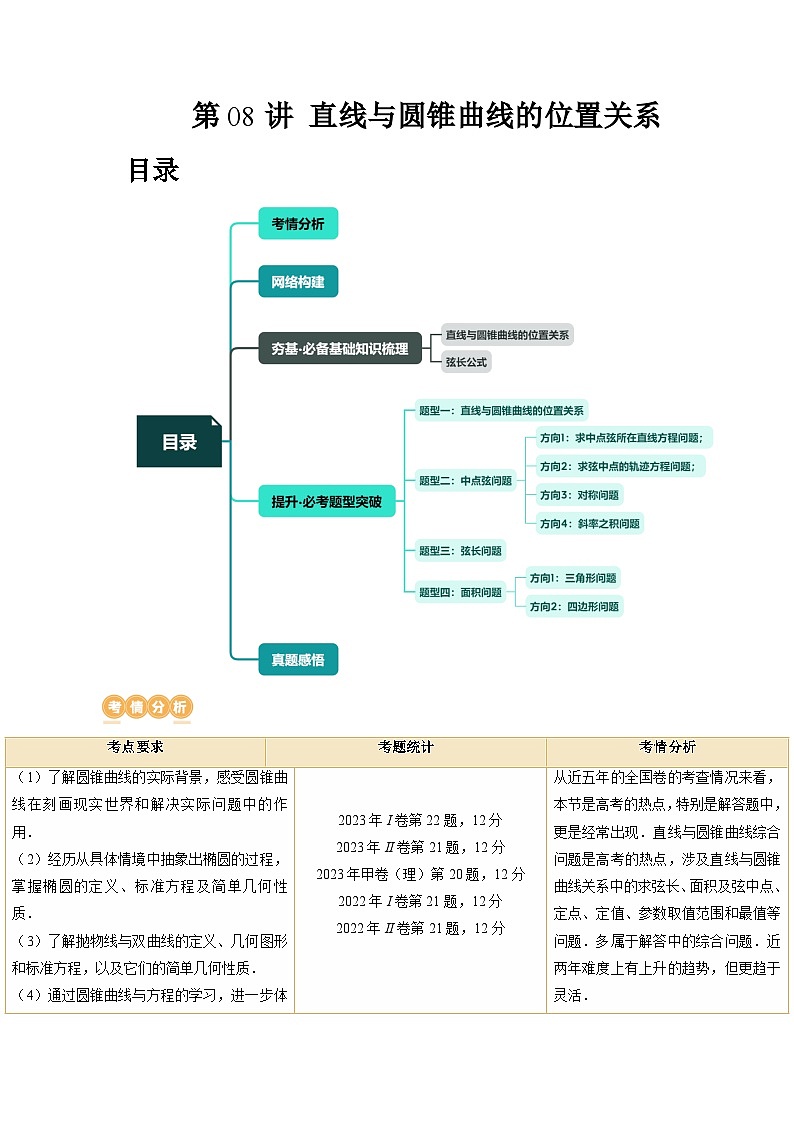 新高考数学一轮复习讲练测第08讲 直线与圆锥曲线的位置关系（四大题型6个方向）（讲义）（原卷版）第1页