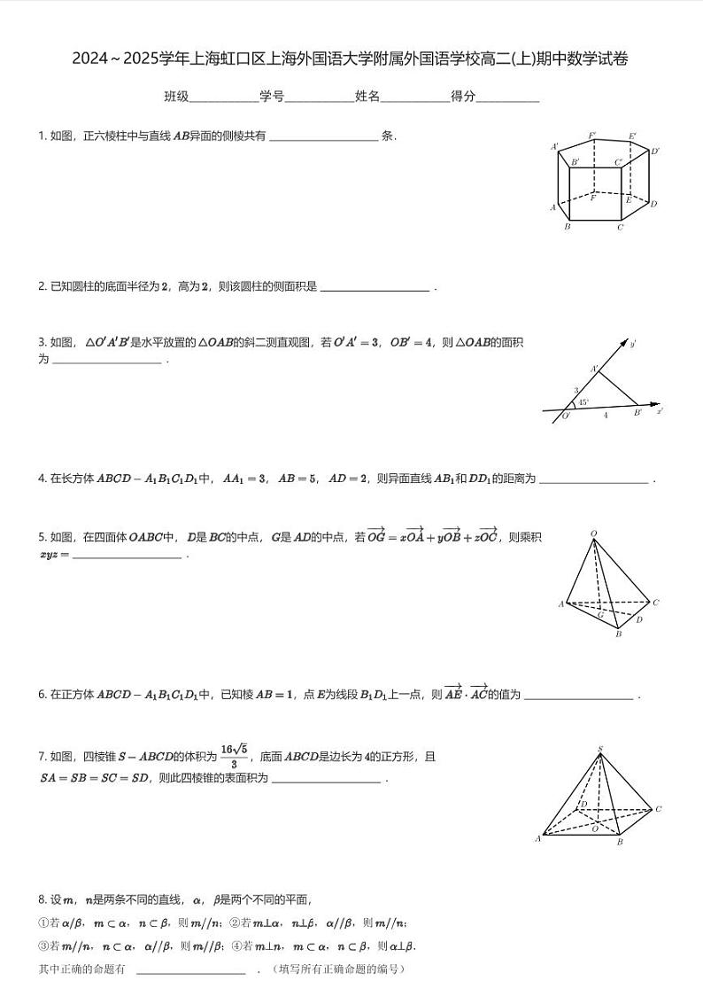 2024～2025学年上海虹口区上海外国语大学附属外国语学校高二(上)期中数学试卷(含解析)第1页