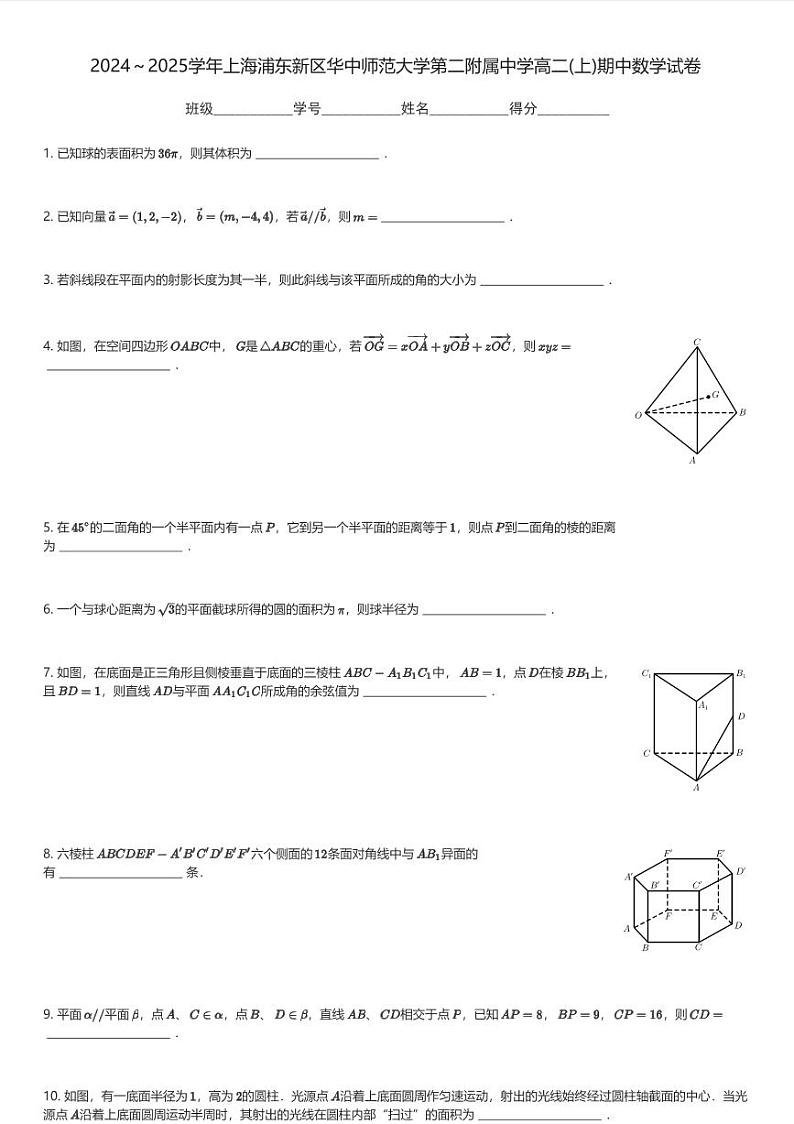 2024～2025学年上海浦东新区华中师范大学第二附属中学高二(上)期中数学试卷(含解析)第1页