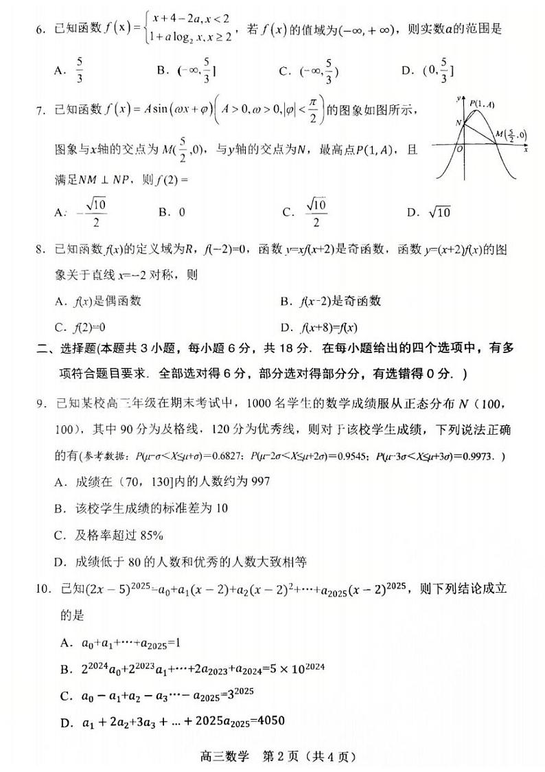 数学丨辽宁省葫芦岛市2025届高三1月期末考试数学试卷及答案第2页