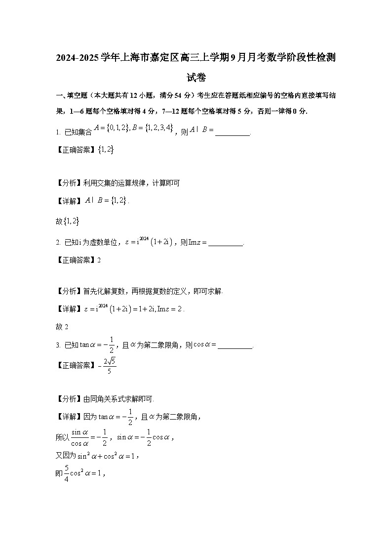 2024-2025学年上海市嘉定区高三上册9月月考数学阶段性检测试卷（附解析）第1页