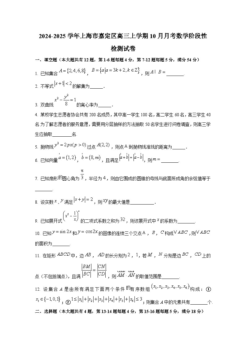 2024-2025学年上海市嘉定区高三上册10月月考数学阶段性检测试卷（含解析）第1页
