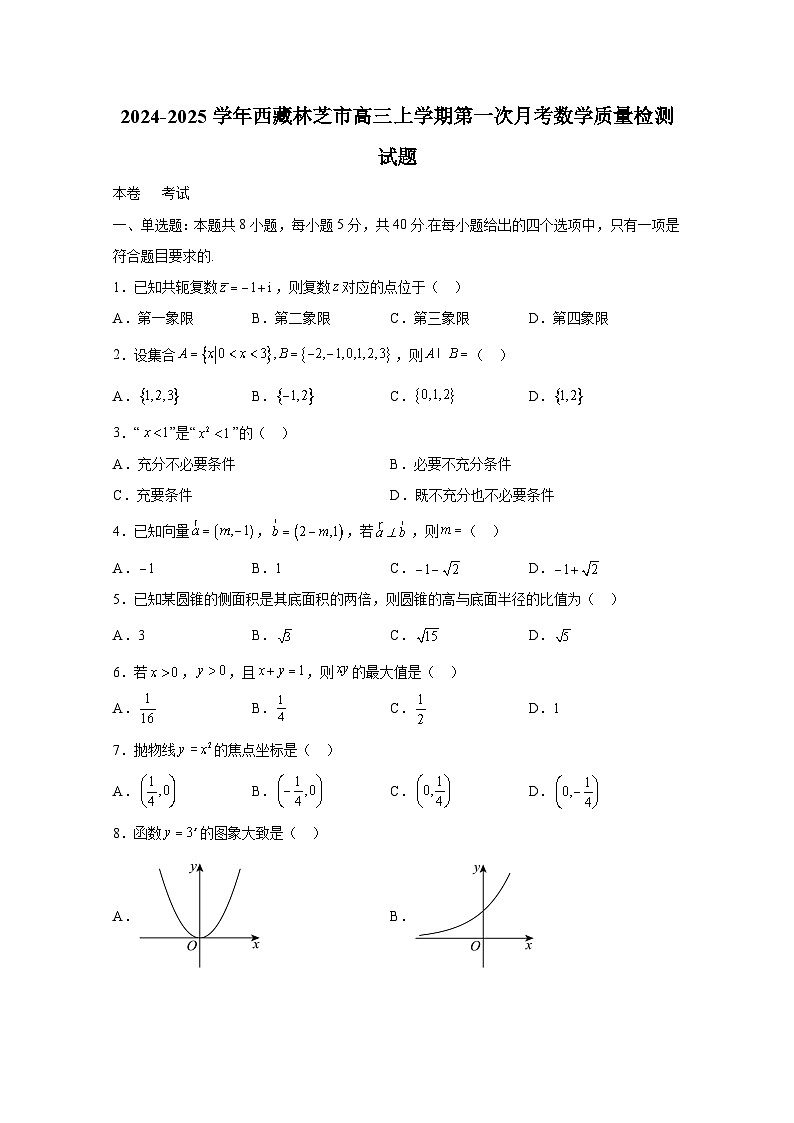 2024-2025学年西藏林芝市高三上册第一次月考数学质量检测试题（含解析）第1页