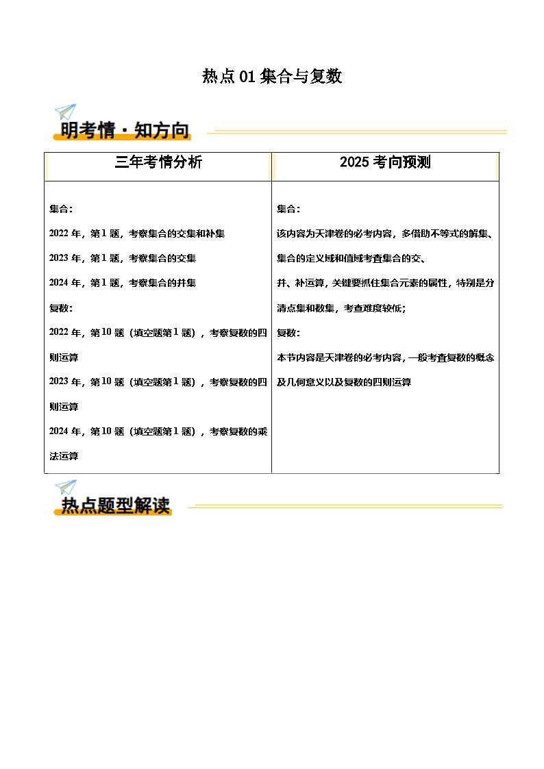 热点01 集合与复数（10题型 高分技法 限时提升练）-2025年高考数学 热点 重点 难点 专练（天津专用）（原卷版）第1页