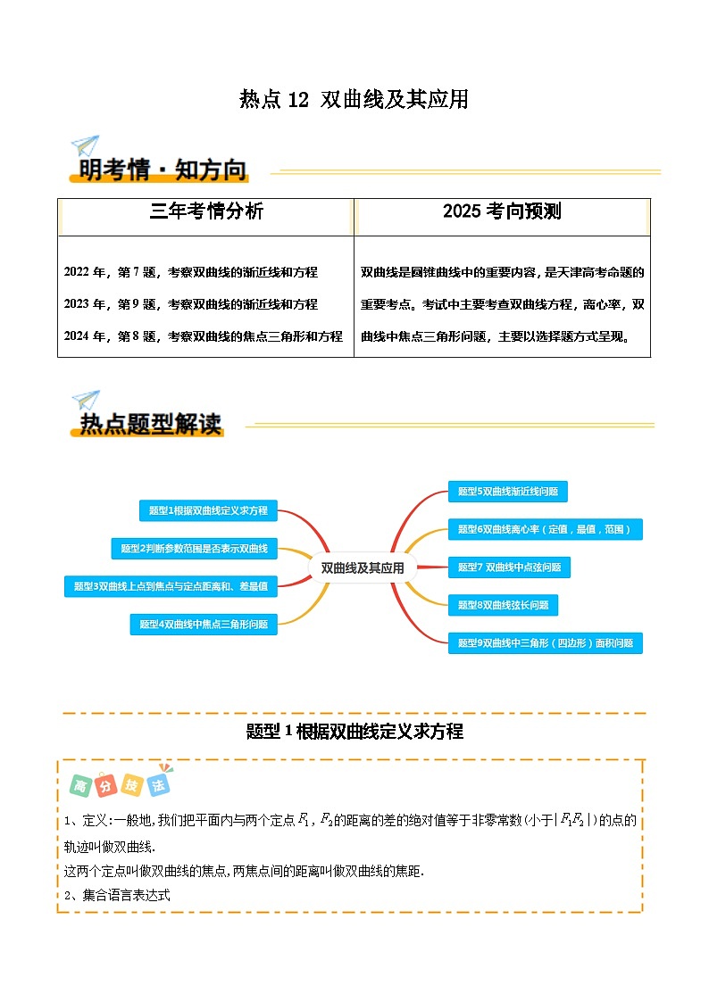 热点12 双曲线及其应用（9题型 高分技法 限时提升练）-2025年高考数学 热点 重点 难点 专练（天津专用）（原卷版）第1页