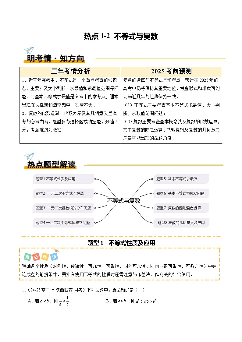 热点1-2 不等式与复数（8题型 高分技法 限时提升练）-2025年高考数学 热点 重点 难点 专练（新高考通用）（原卷版）第1页