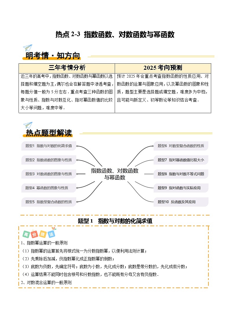 热点2-3 指数函数、对数函数与幂函数（10题型 高分技法 限时提升练）-2025年高考数学 热点 重点 难点 专练（新高考通用）（原卷版）第1页