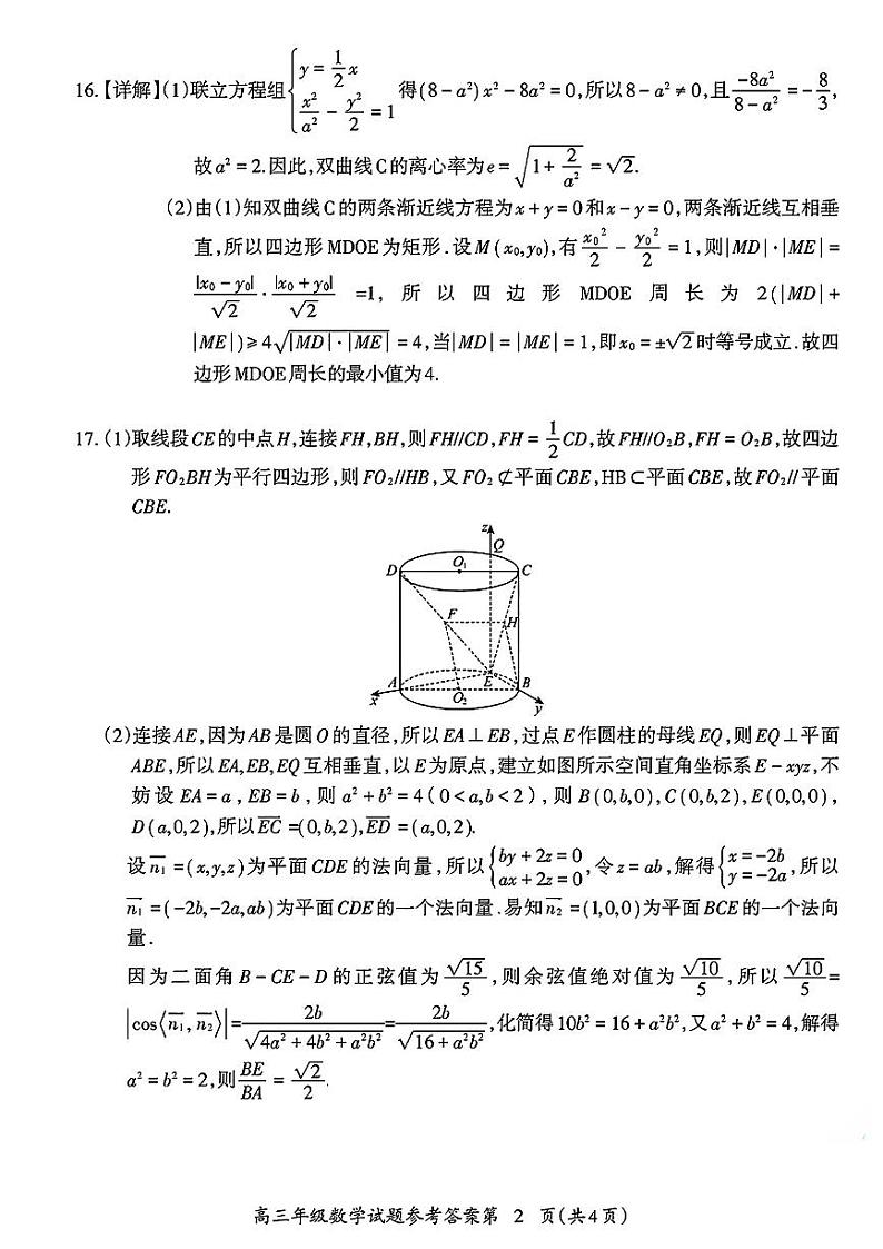 安徽省芜湖市2025届高三上学期1月期末考试数学答案第2页