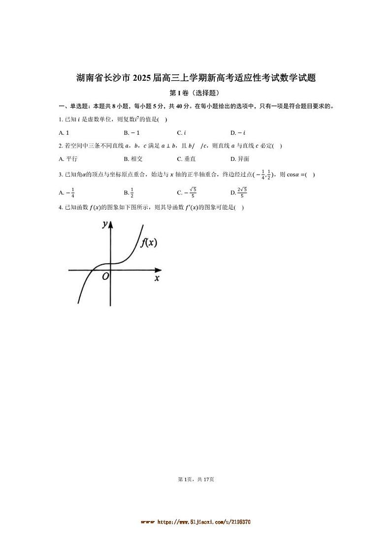 2025届湖南省长沙市高三上新高考适应性考试数学试卷(含解析)第1页