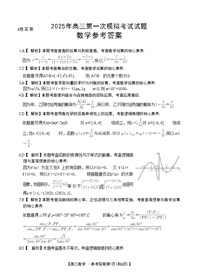 山西省晋城市2025年高三年第一次模拟考试试题（晋城一模）数学答案A第1页