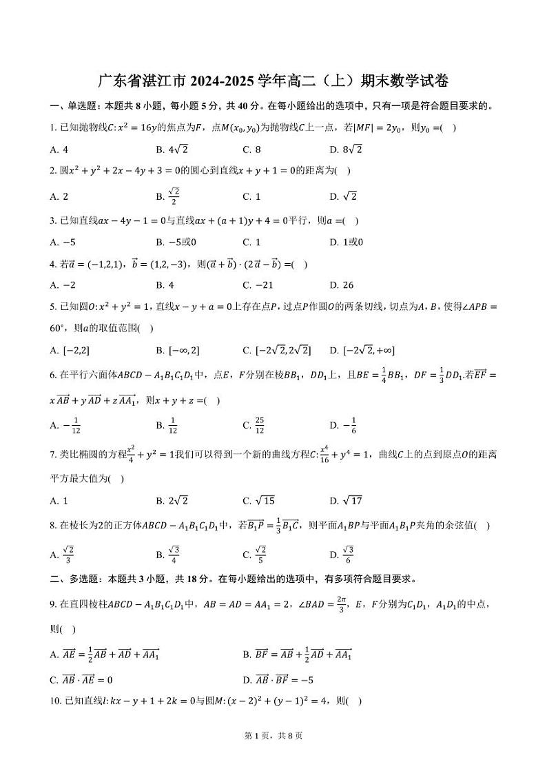 广东省湛江市2024-2025学年高二（上）期末数学试卷（含答案）第1页