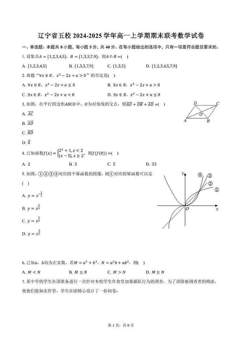 辽宁省五校2024-2025学年高一上学期期末联考数学试卷（含答案）第1页