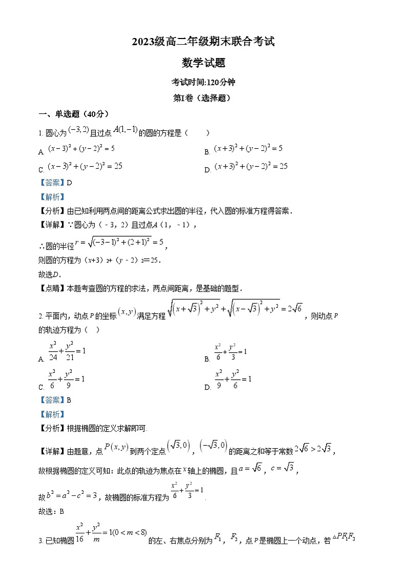 四川省眉山市东坡区2024-2025学年高二上学期1月期末联合考试数学试题 含解析第1页
