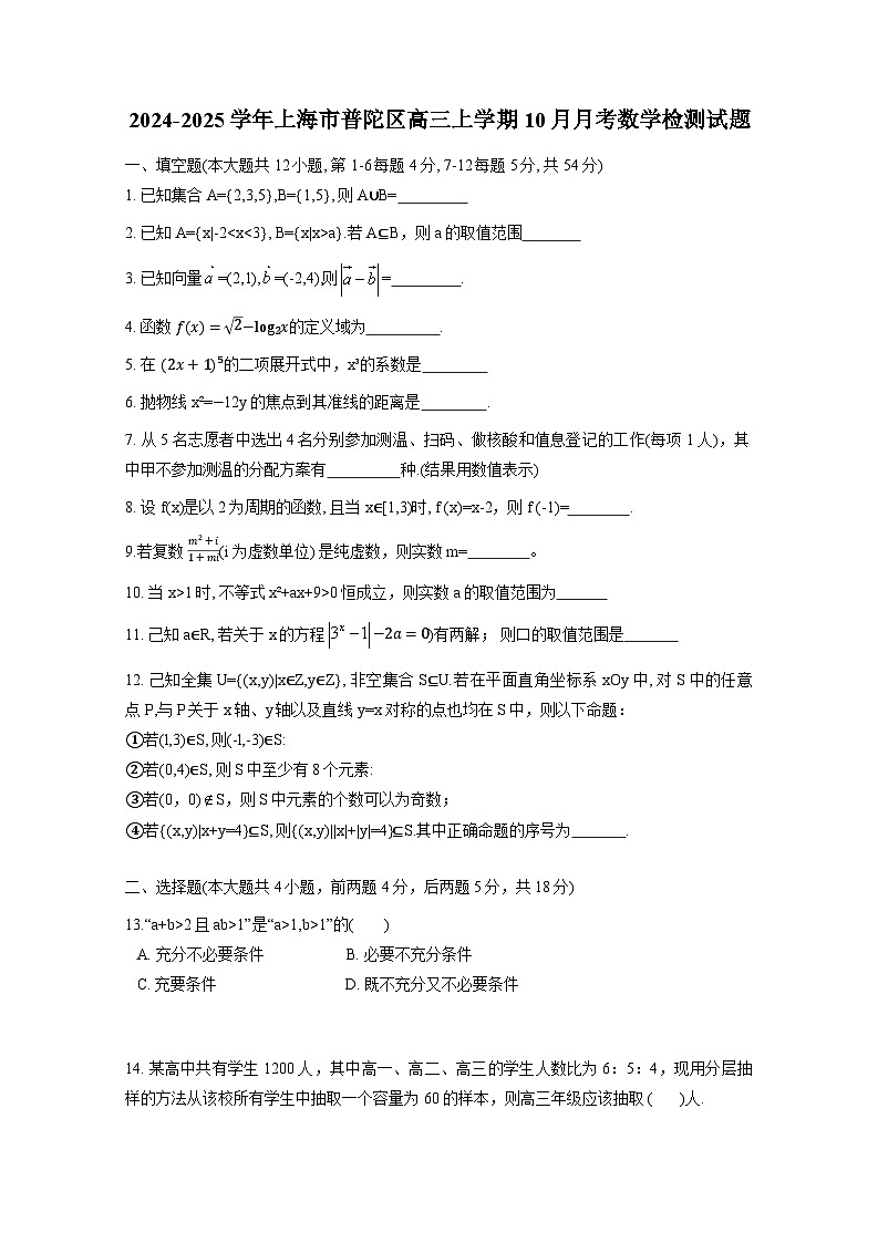 2024-2025学年上海市普陀区高三上册10月月考数学检测试题第1页