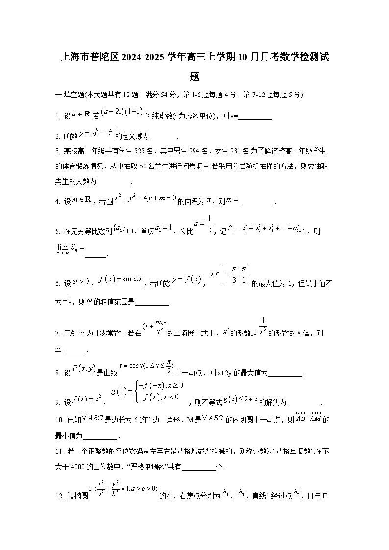 上海市普陀区2024-2025学年高三上册10月月考数学检测试题第1页