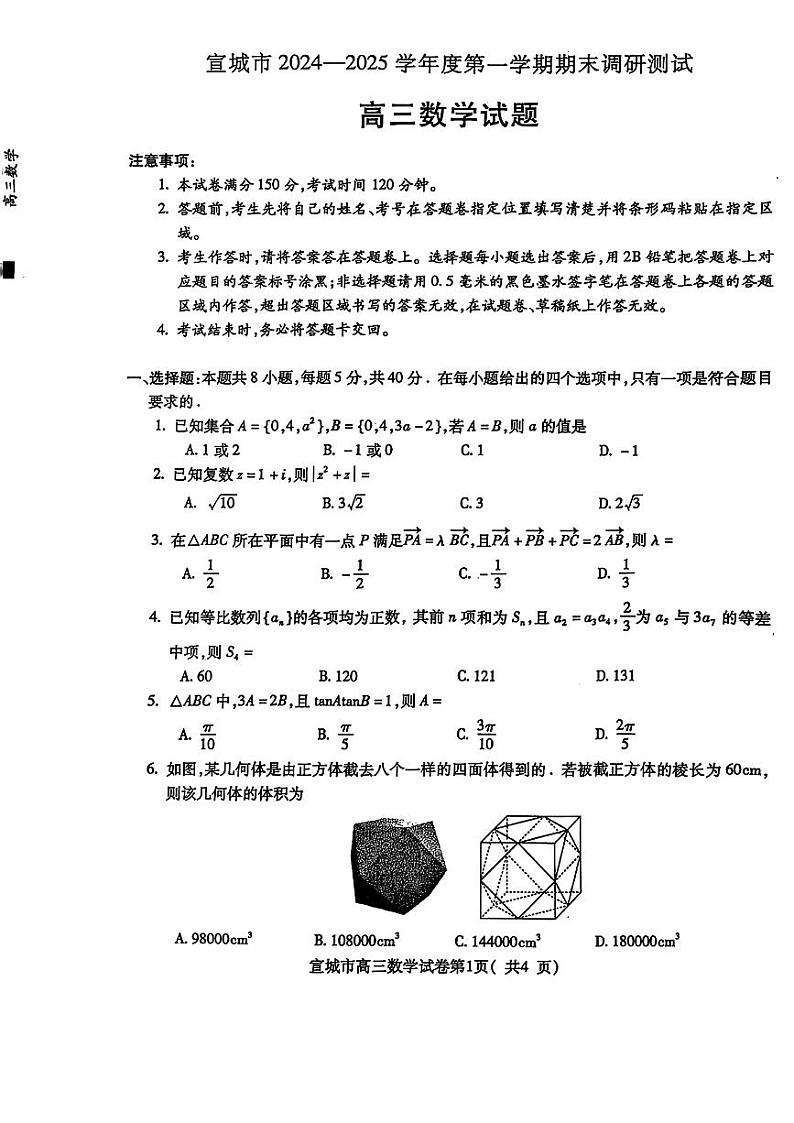安徽省宣城市2024-2025学年高三上学期期末调研测试数学试卷第1页