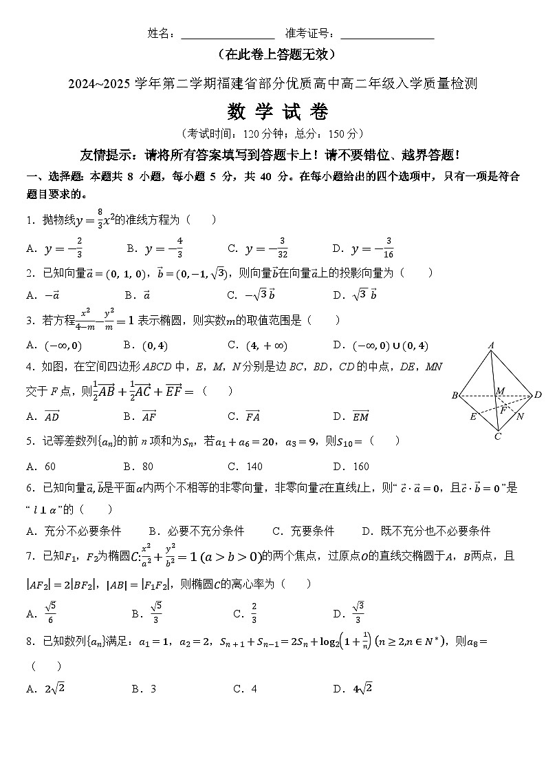 2024~2025学年第二学期福建省部分优质高中高二年级入学质量检测第1页