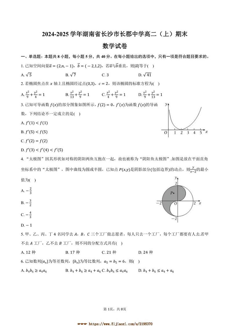 2024～2025学年湖南省长沙市长郡中学高二上期末数学试卷(含答案)第1页